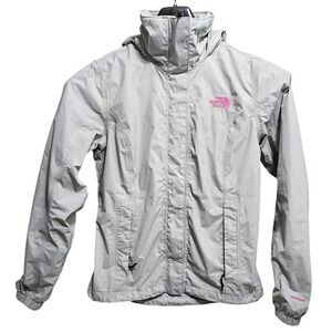 The North Face DryVent Rain Jacket Womens Small Grey Pink Ribbon Hooded A7Q5